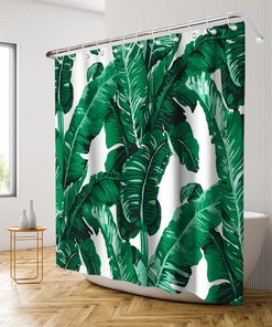Watercolor Banana Leaves Shower Curtain - LB Tropical Jungle Nature Green White Leaf Theme Bathroom Decor