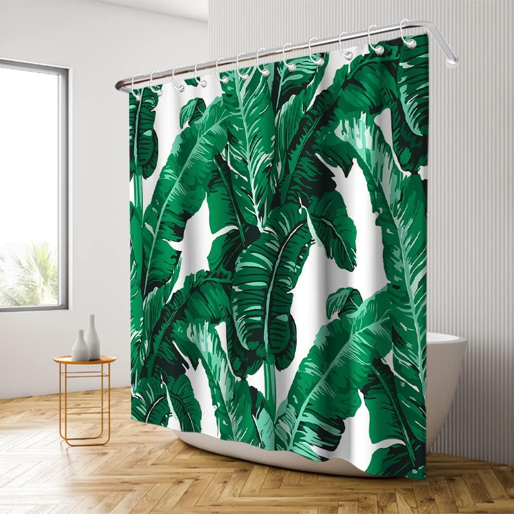 Watercolor Banana Leaves Shower Curtain - LB Tropical Jungle Nature Green White Leaf Theme Bathroom Decor