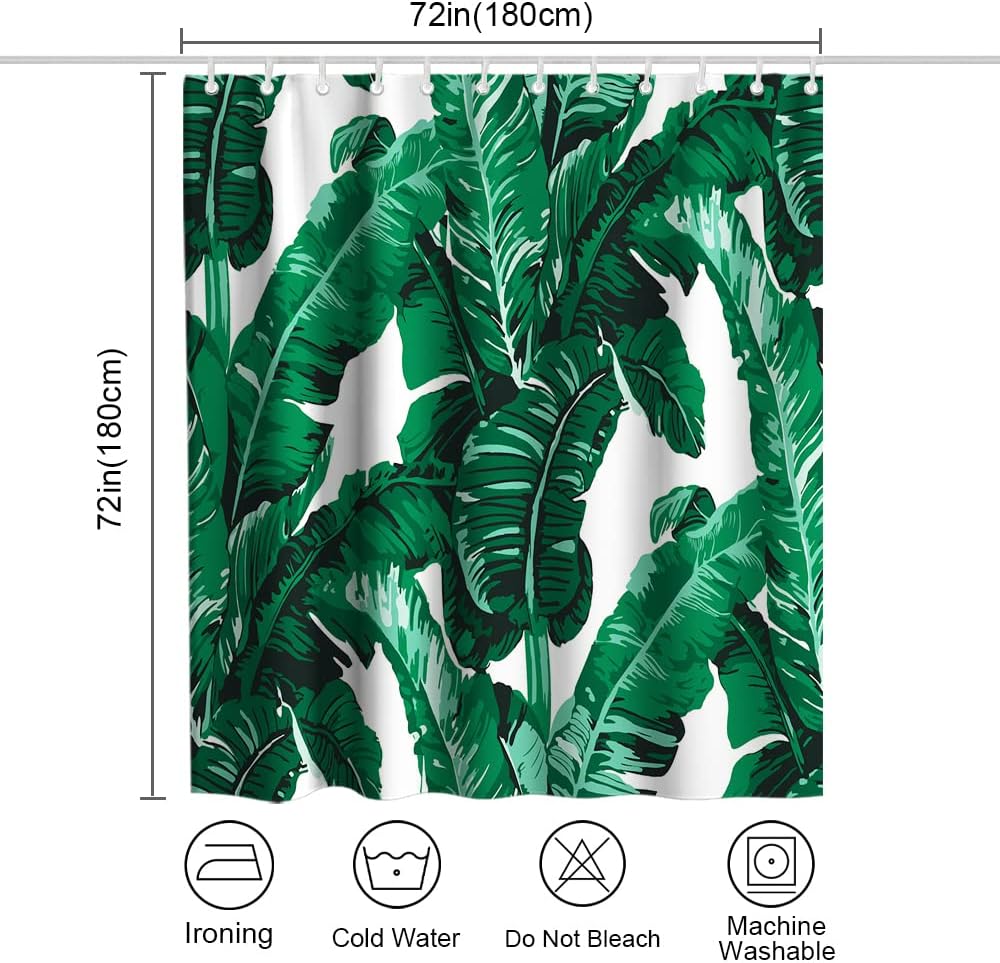 Watercolor Banana Leaves Shower Curtain - LB Tropical Jungle Nature Green White Leaf Theme Bathroom Decor