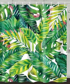Watercolor Banana Palm Leaves Tropical Shower Curtain with Plant Painting Design