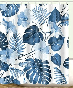 Watercolor Banana Palm Leaves Tropical Shower Curtain with Plant Painting Design