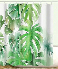 Watercolor Banana Palm Leaves Tropical Shower Curtain with Plant Painting Design 