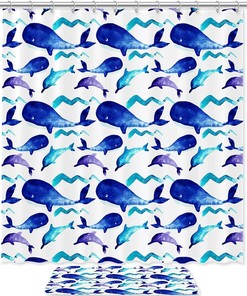 Watercolor Blue Dolphin Whale Print Shower Curtain For Bathroom Tub Set
