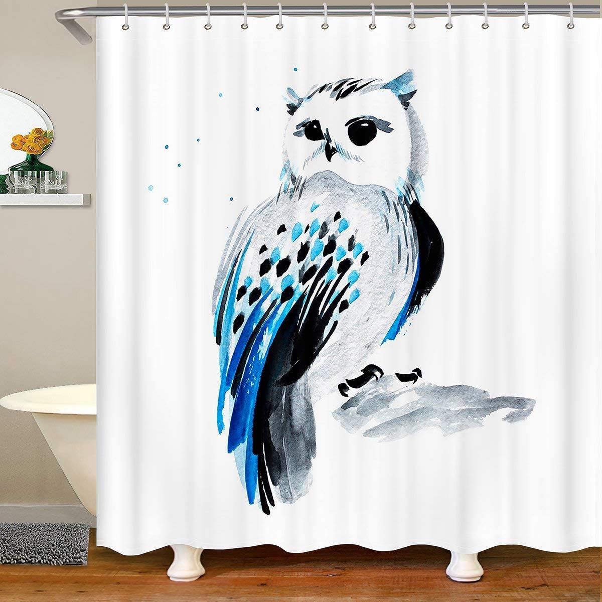 Watercolor Boho Owl Fabric Shower Curtain for Kids Boys - Ethnic Animal Ink and Wash Decor