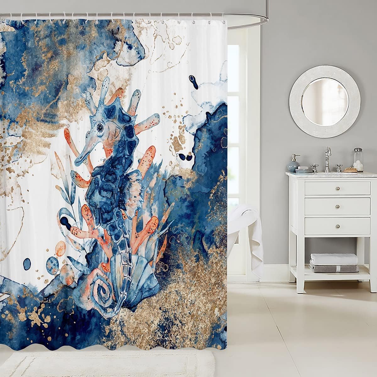Watercolor Botanical Coral Seahorse Shower Curtain, Beach Bathroom Decor