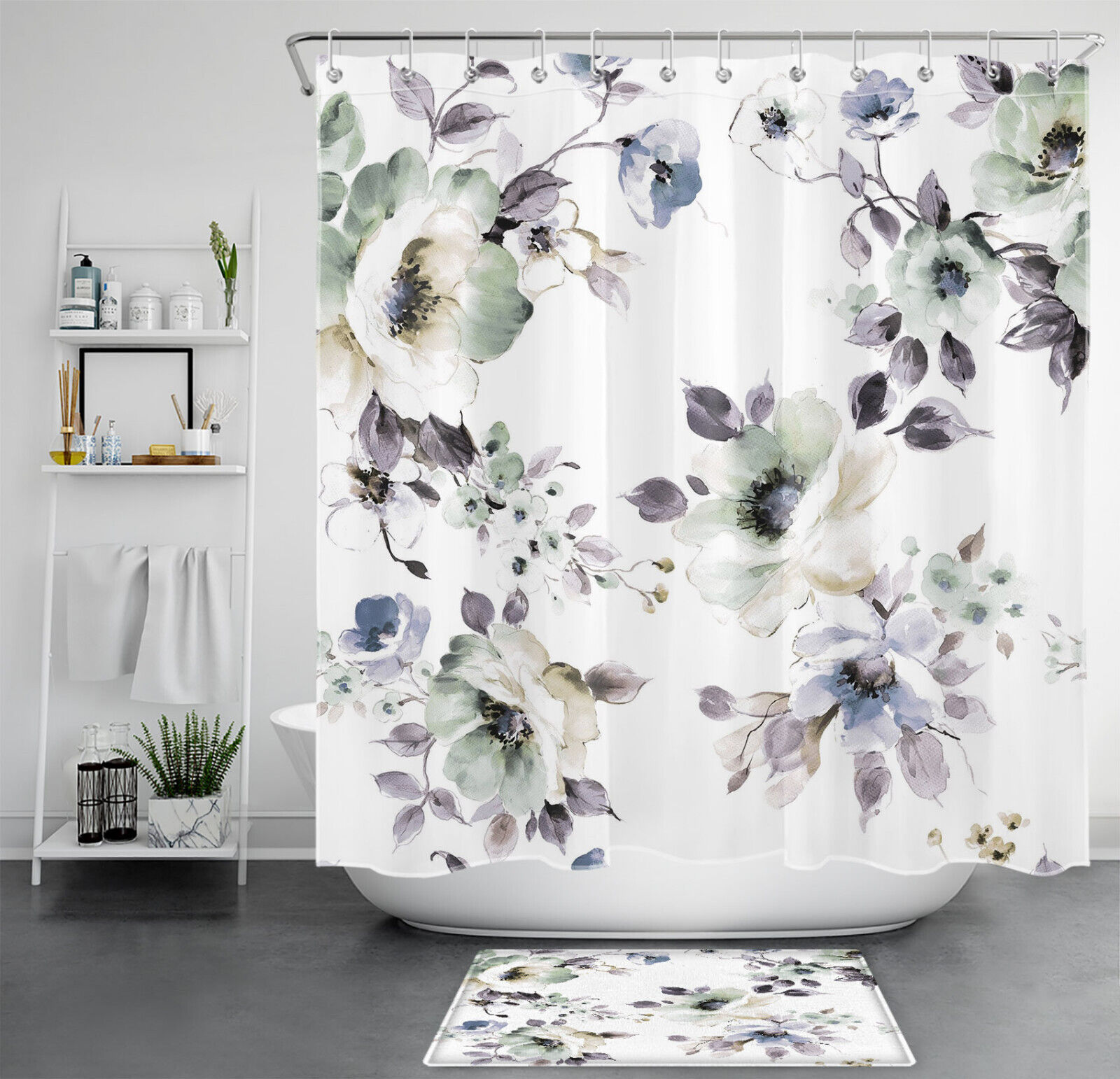 Watercolor Botanical Purple Leaf Floral Shower Curtain for a Chic and Elegant Bathroom