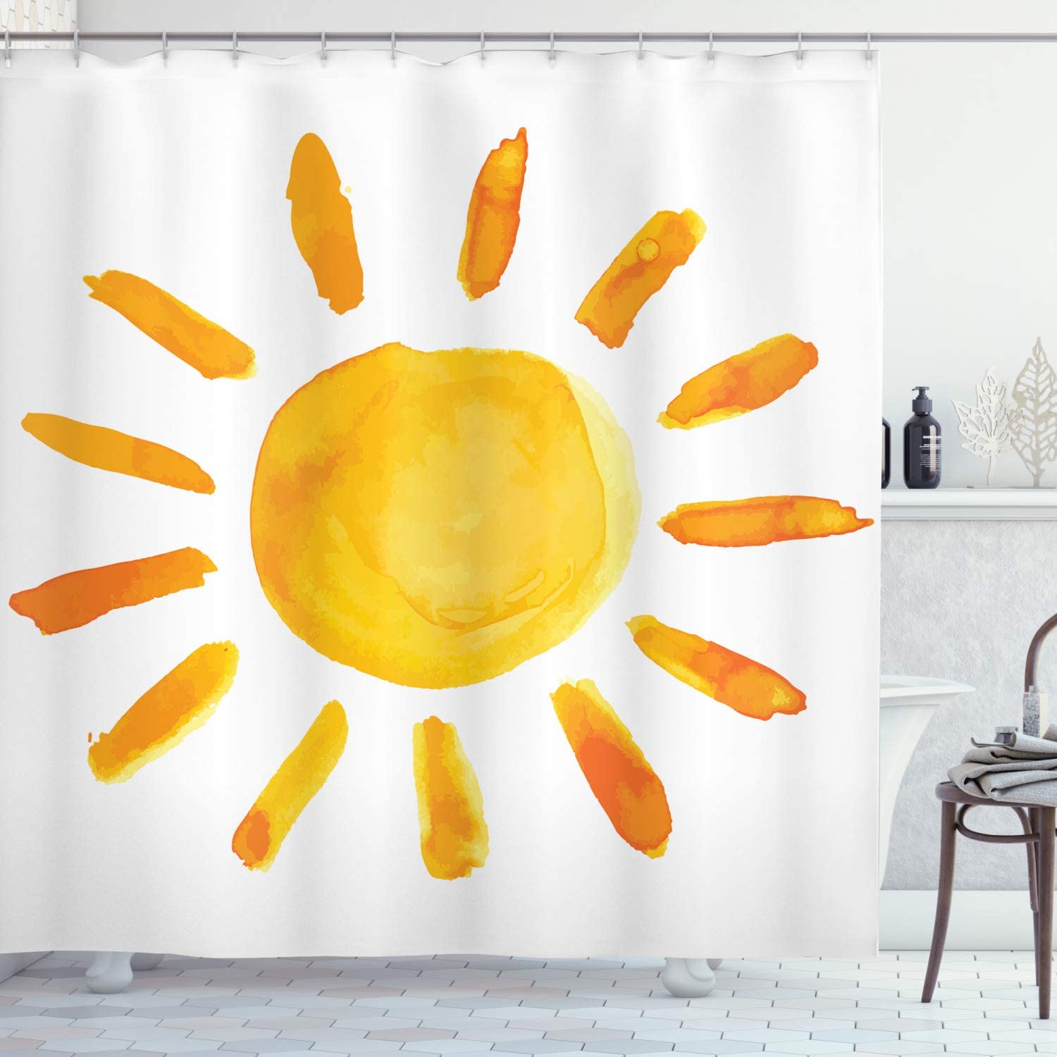 Watercolor Brush Sun Illustration Shower Curtain, Yellow White Cloth Fabric Bathroom Decor By Ambesonne