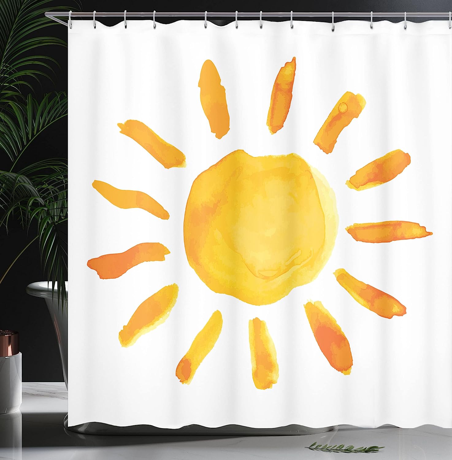 Watercolor Brush Sun Illustration Shower Curtain, Yellow White Cloth Fabric Bathroom Decor By Ambesonne - Image 3
