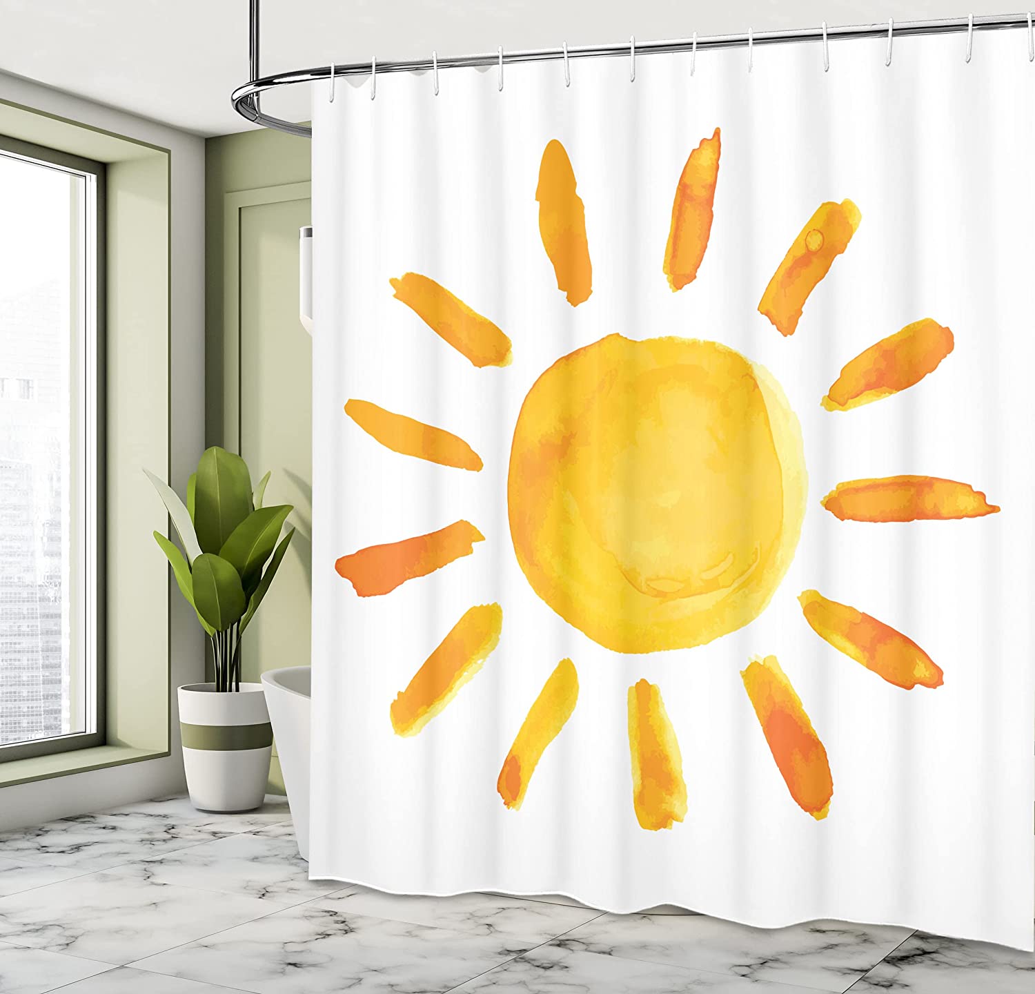 Watercolor Brush Sun Illustration Shower Curtain, Yellow White Cloth Fabric Bathroom Decor By Ambesonne - Image 4