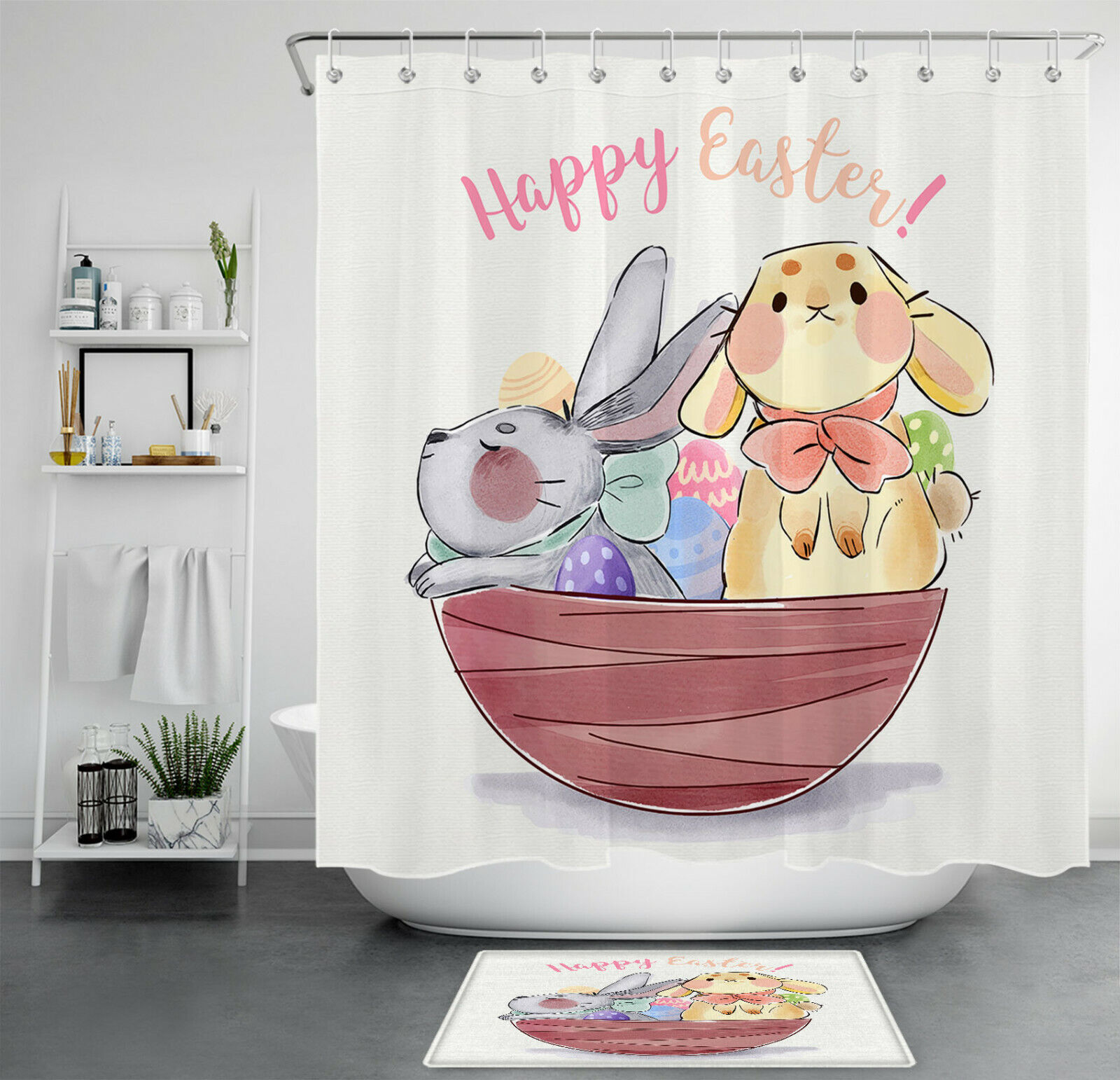 Watercolor Bunny With Easter Eggs Shower Curtain For Bathroom Decor
