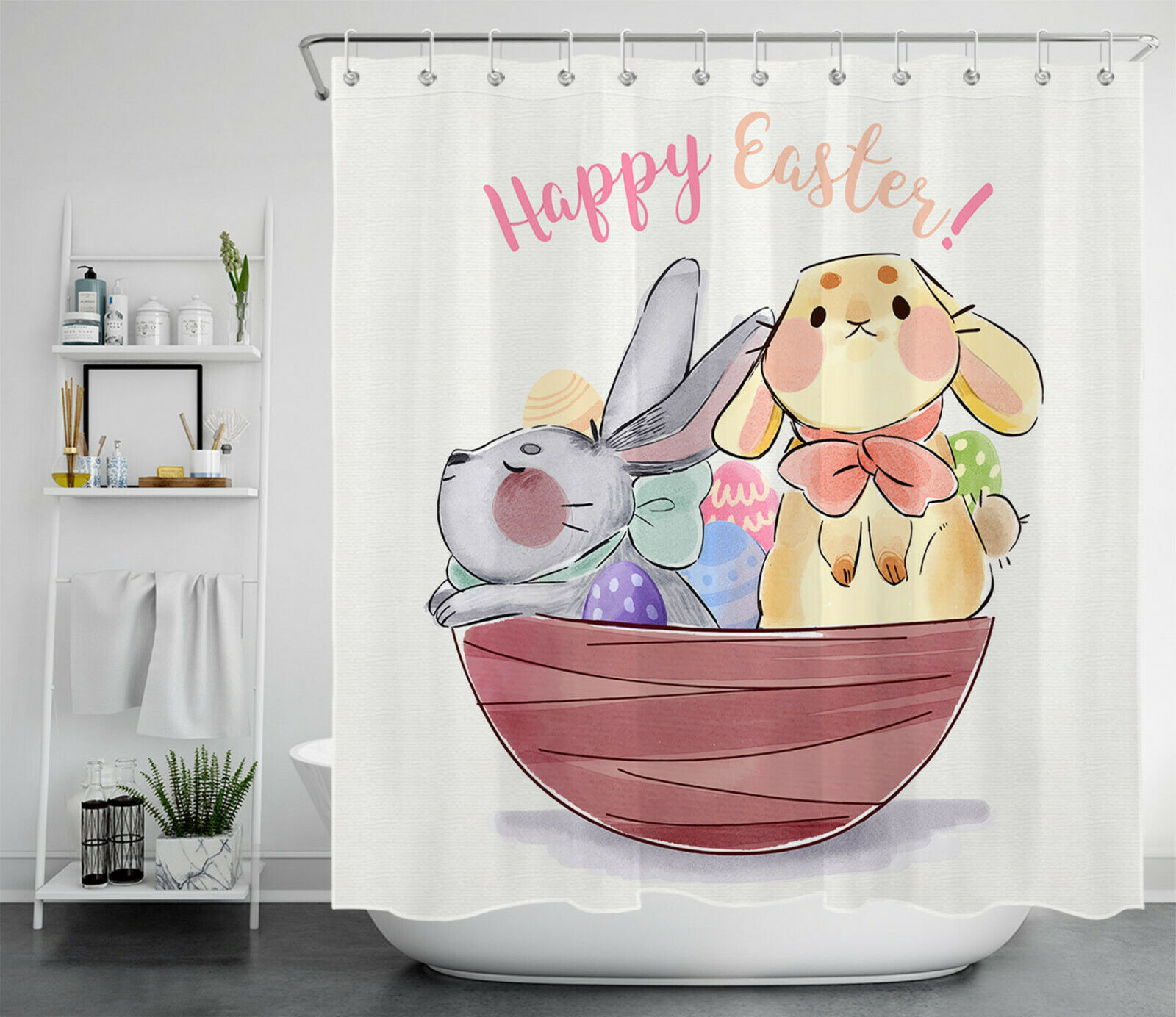 Watercolor Bunny With Easter Eggs Shower Curtain For Bathroom Decor