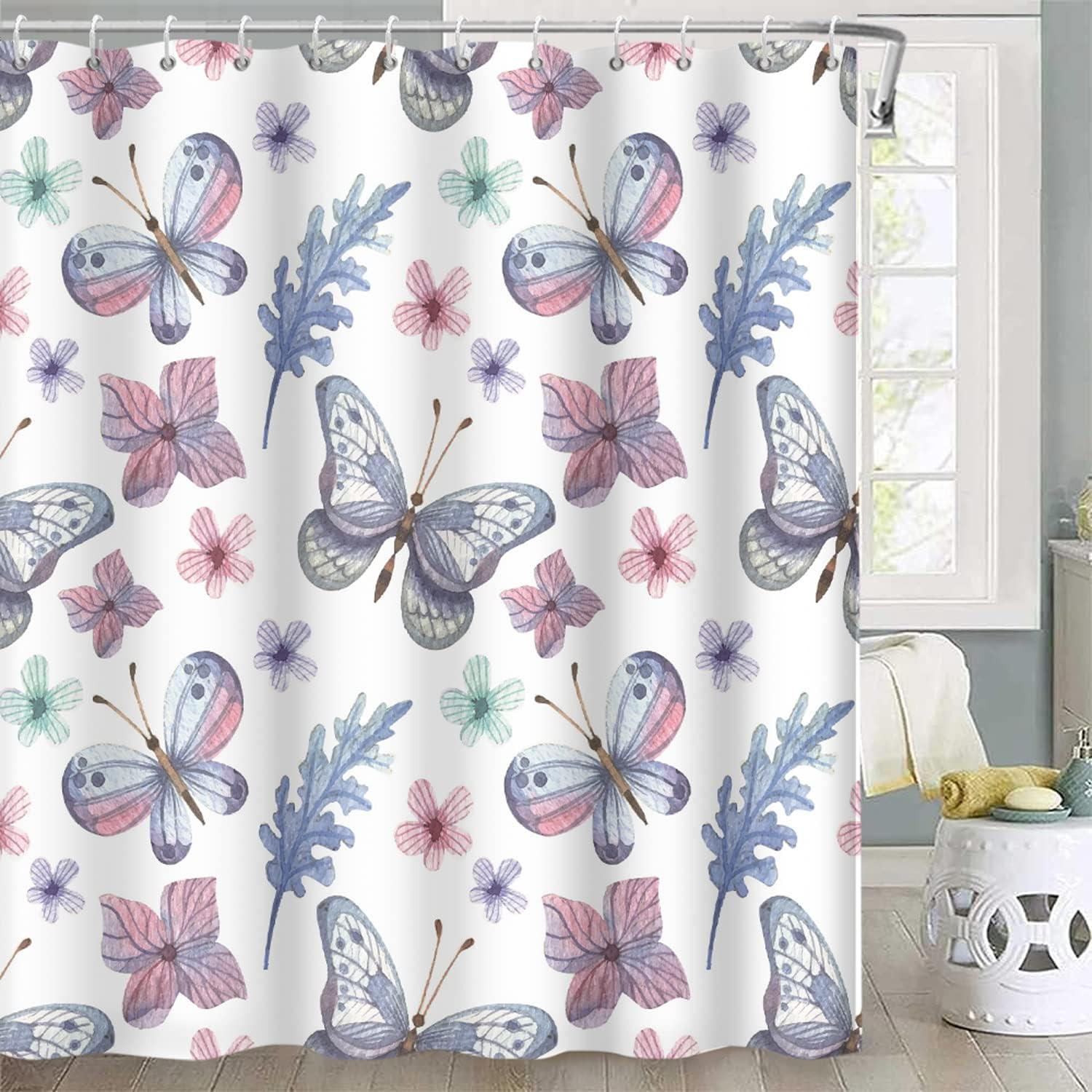 Watercolor Butterfly Shower Curtain - Purple Flower Insects Bathroom Curtain Made From Waterproof Fabric For A Chic Look