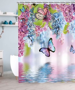 Watercolor Butterfly and Floral Print Shower Curtain