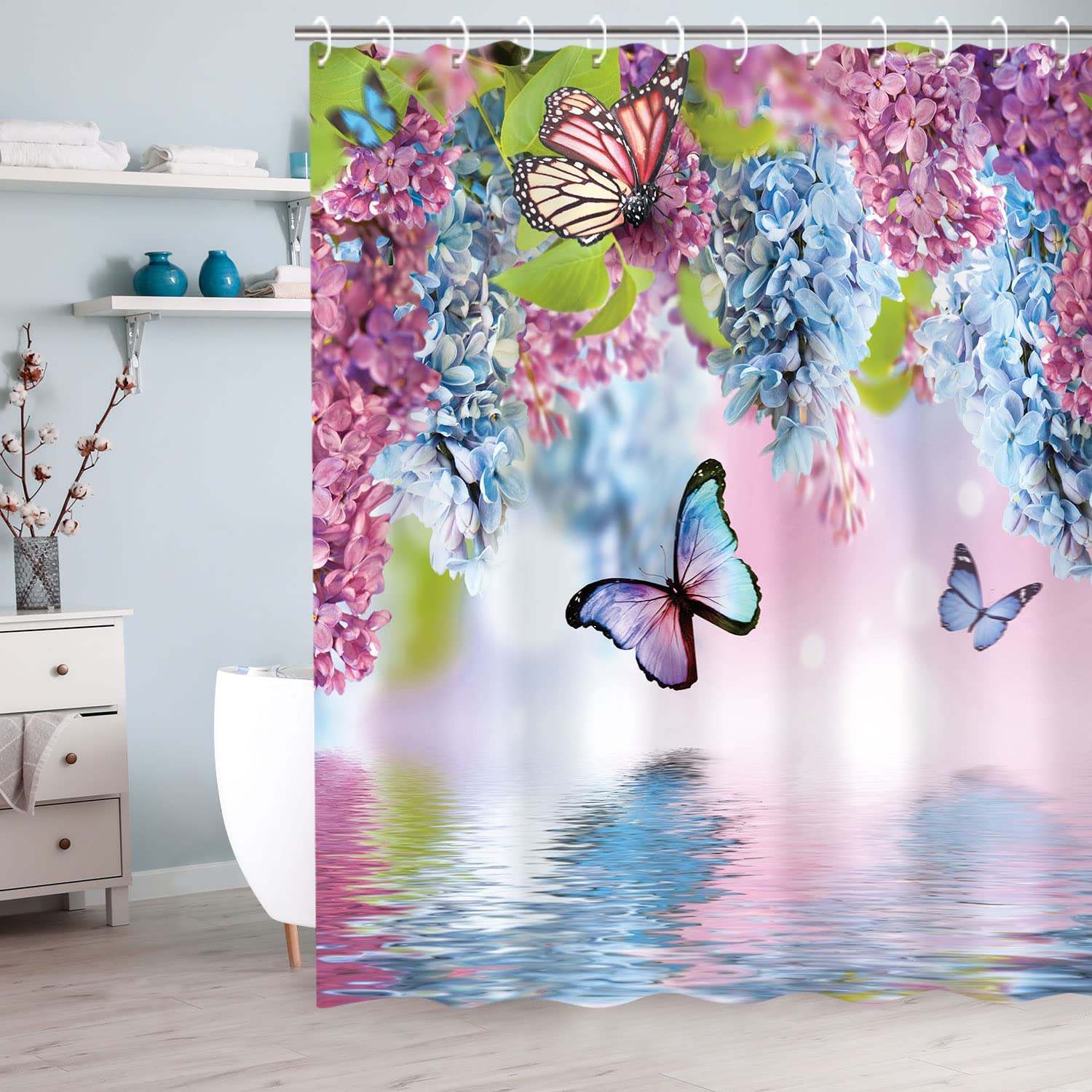 Watercolor Butterfly and Floral Print Shower Curtain