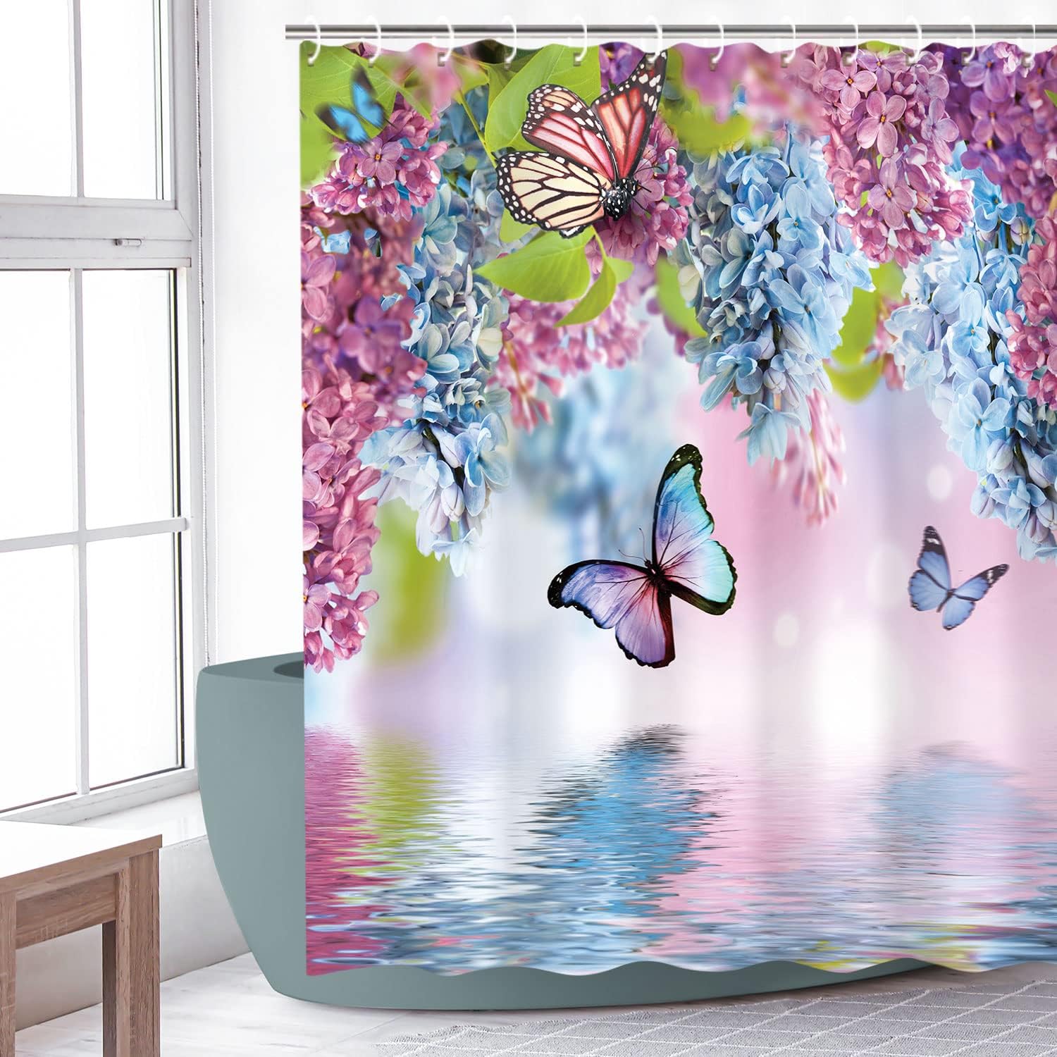 Watercolor Butterfly and Floral Print Shower Curtain