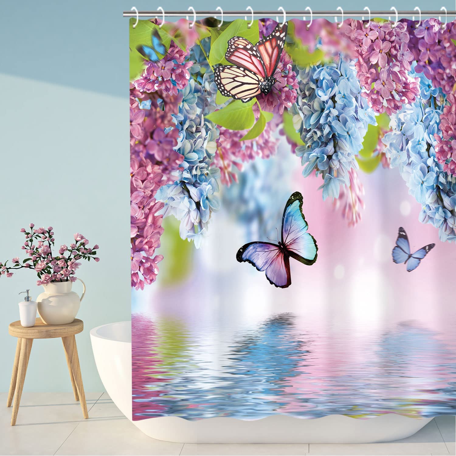 Watercolor Butterfly and Floral Print Shower Curtain