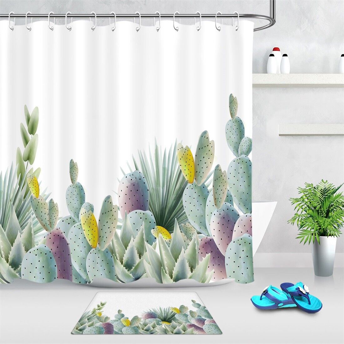 Watercolor Cactus And Succulent Plants Fabric Shower Curtain With Botanical Design