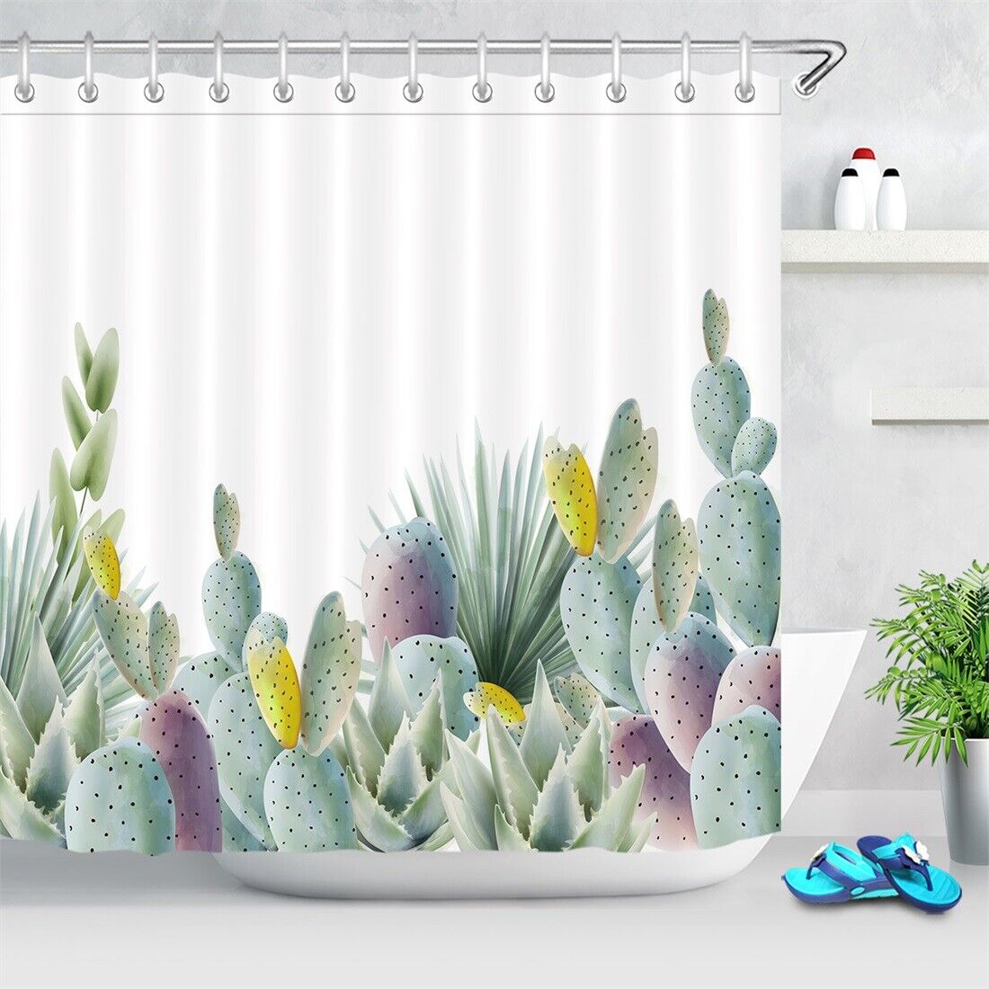 Watercolor Cactus And Succulent Plants Fabric Shower Curtain With Botanical Design - Image 2