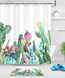 Watercolor Cactus And Succulent Plants Shower Curtain With Botanical Print For Bathroom Decor