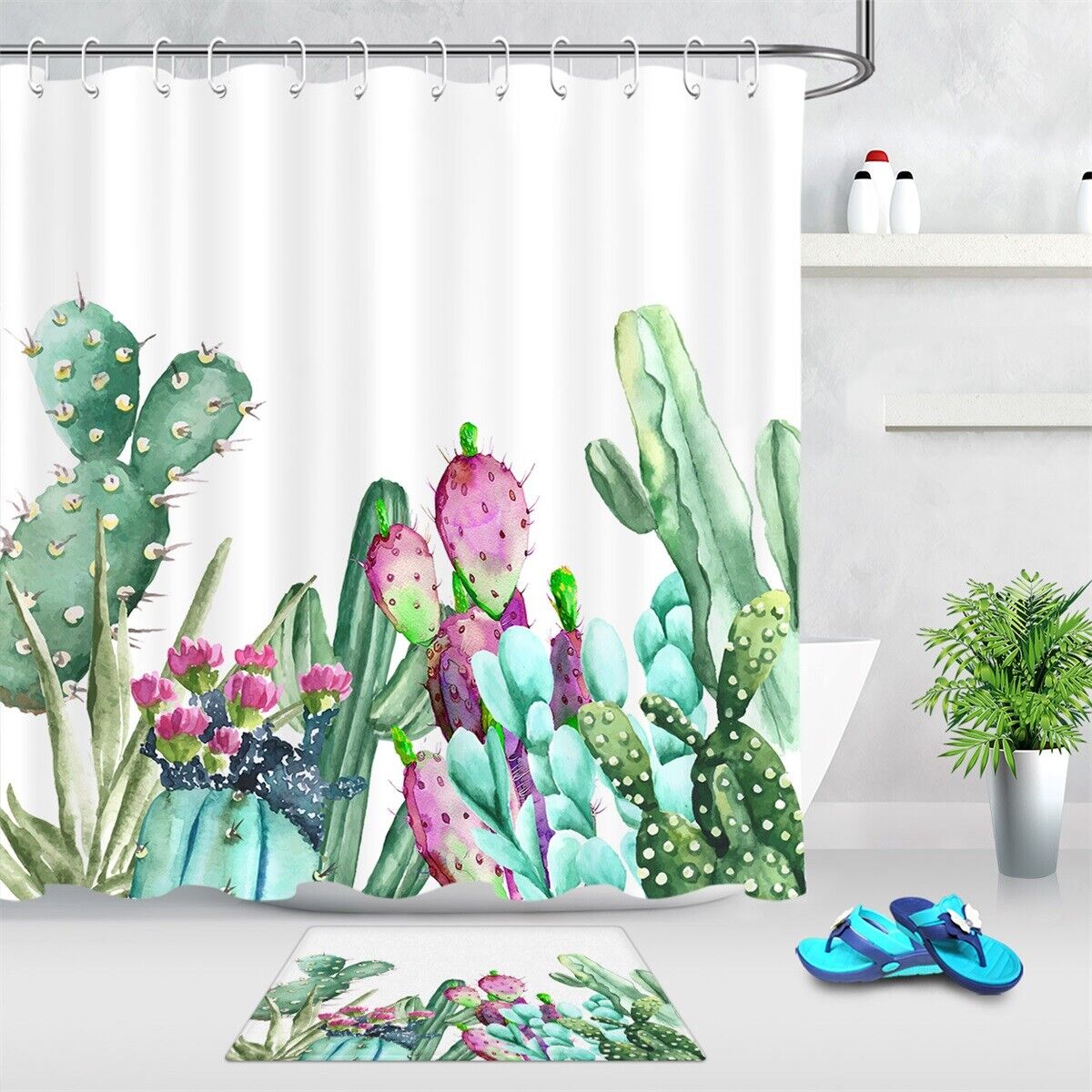 Watercolor Cactus And Succulent Plants Shower Curtain With Botanical Print For Bathroom Decor