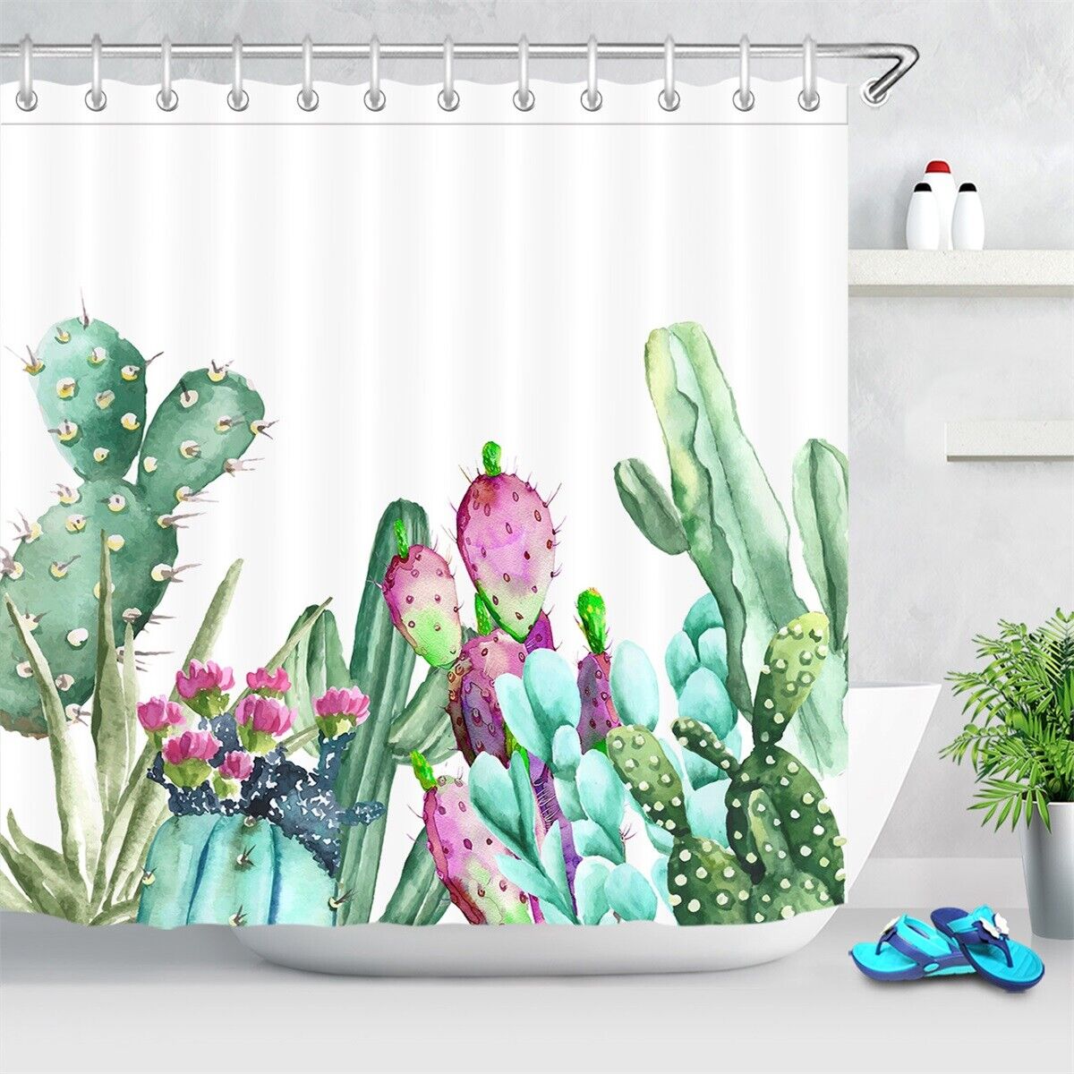 Watercolor Cactus And Succulent Plants Shower Curtain With Botanical Print For Bathroom Decor - Image 2