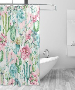 Watercolor Cactus Print Waterproof Fabric Shower Curtain for Modern Bathroom Decor