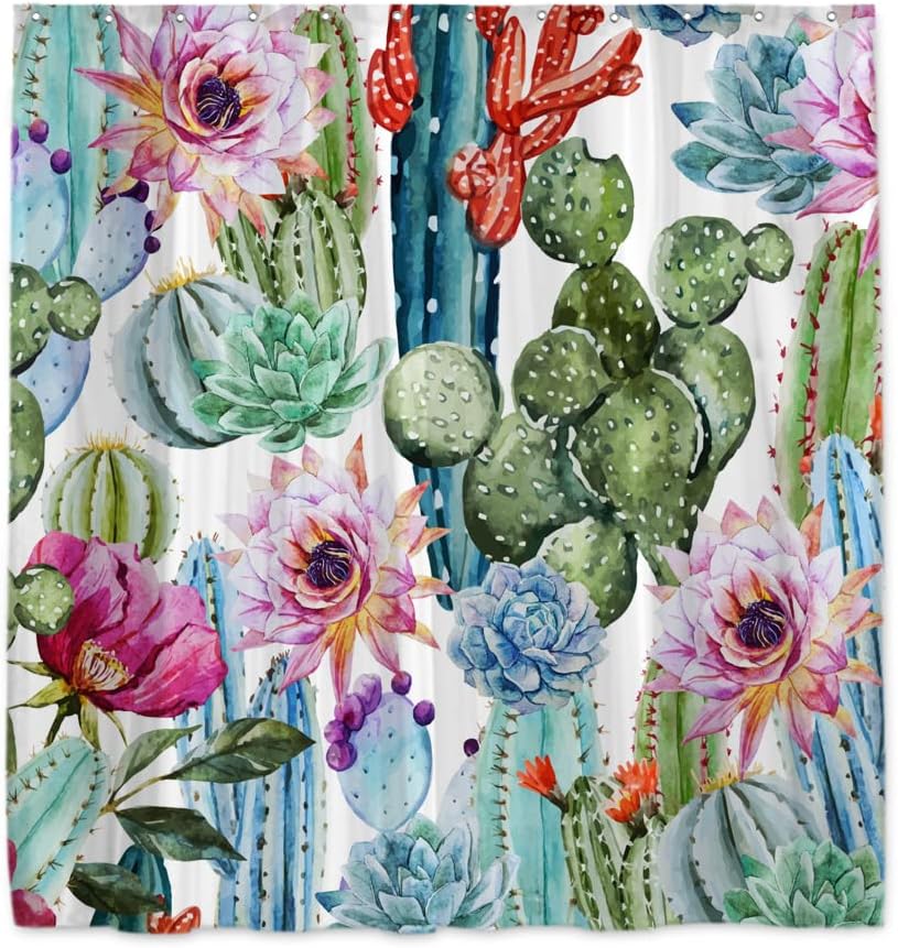 Watercolor Cactus Shower Curtain - Cacti Pattern with Western Southwestern Succulent Plant Design