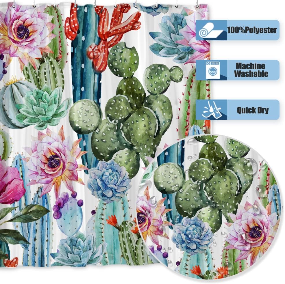 Watercolor Cactus Shower Curtain - Cacti Pattern with Western Southwestern Succulent Plant Design