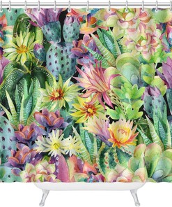 Watercolor Cactus and Succulent Plants Shower Curtain Featuring a Seamless Pattern on Decorative Fabric