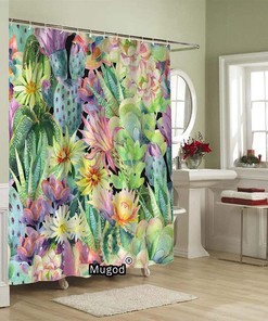 Watercolor Cactus and Succulent Plants Shower Curtain Featuring a Seamless Pattern on Decorative Fabric