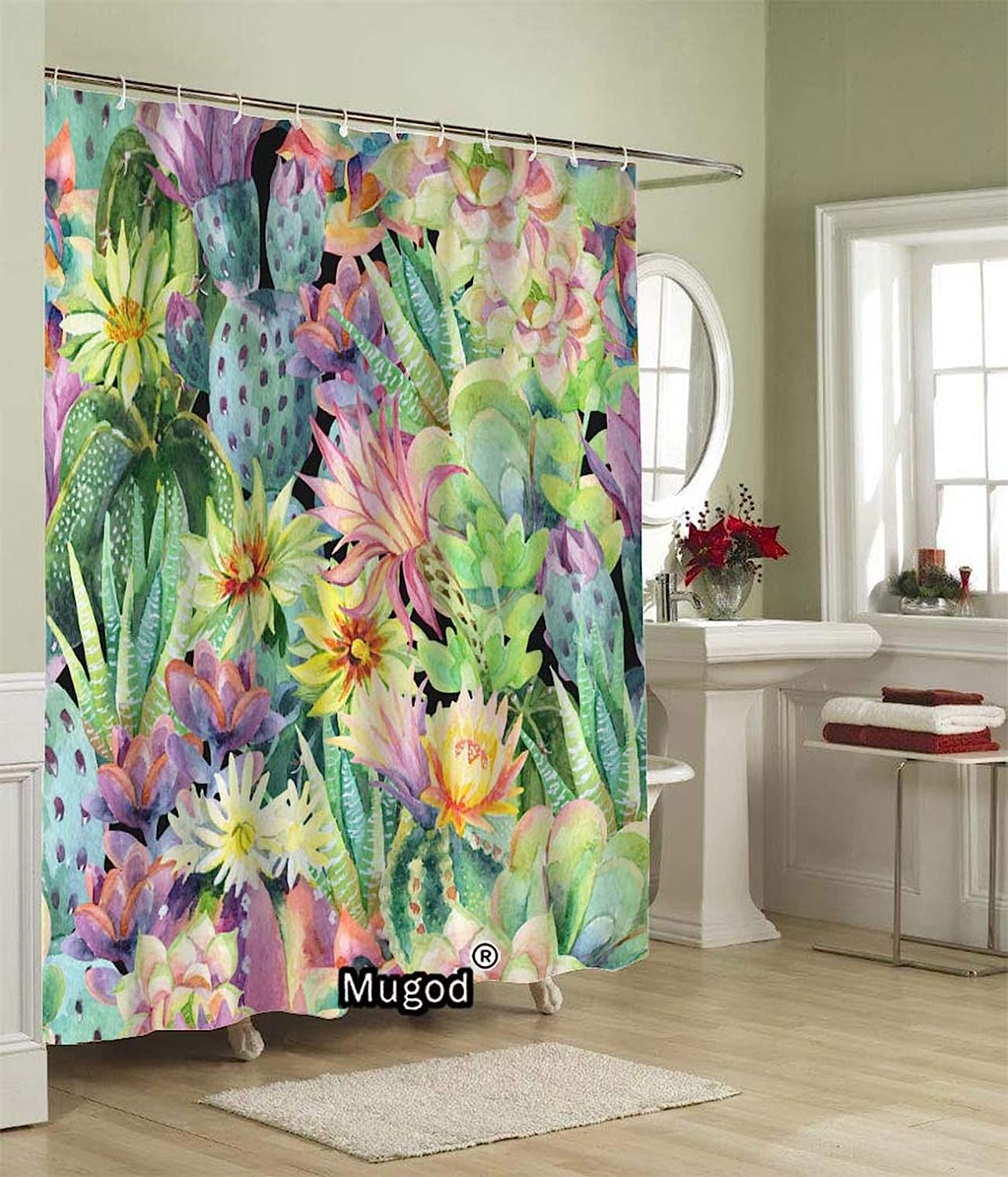 Watercolor Cactus and Succulent Plants Shower Curtain Featuring a Seamless Pattern on Decorative Fabric