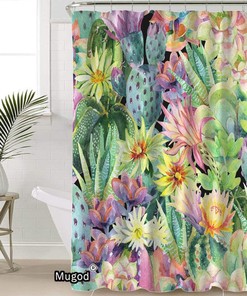 Watercolor Cactus and Succulent Plants Shower Curtain Featuring a Seamless Pattern on Decorative Fabric