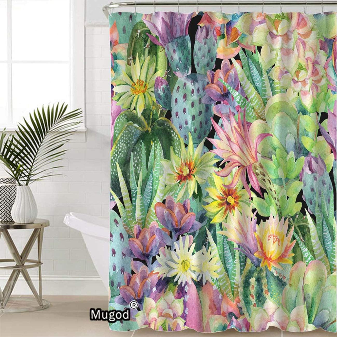 Watercolor Cactus and Succulent Plants Shower Curtain Featuring a Seamless Pattern on Decorative Fabric