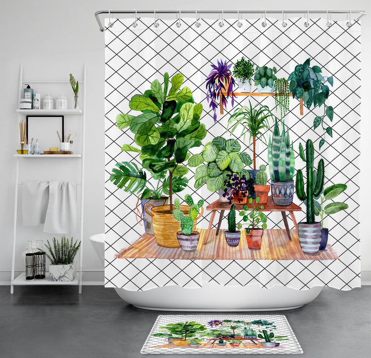 Watercolor Cactus and Succulent Shower Curtain, Bohemian Bathroom Decor