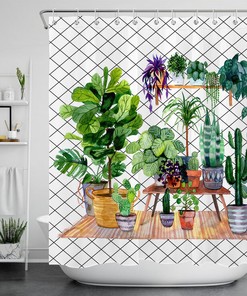 Watercolor Cactus and Succulent Shower Curtain, Bohemian Bathroom Decor