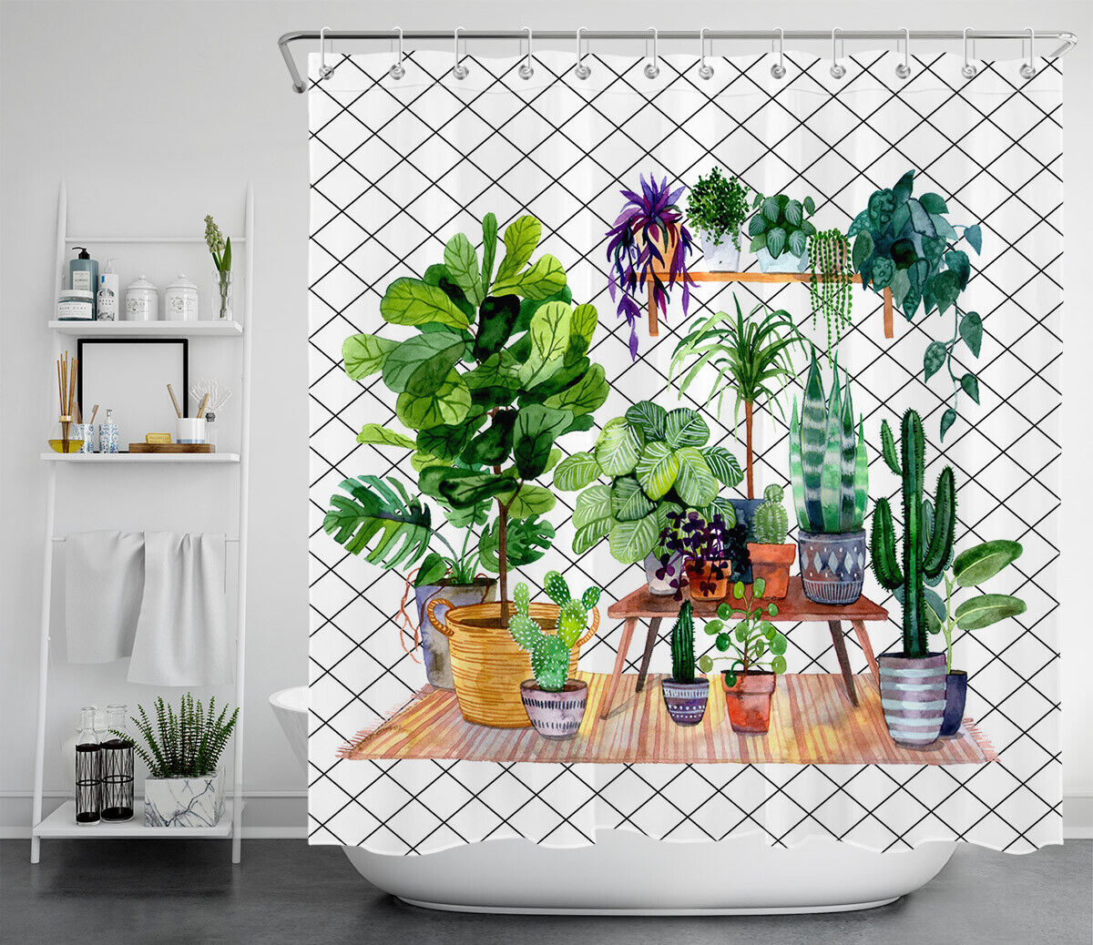 Watercolor Cactus and Succulent Shower Curtain, Bohemian Bathroom Decor