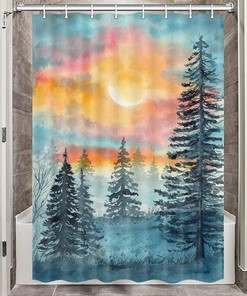 Watercolor Camper RV Shower Curtain for Travel Trailers with Blue and Grey Woodland Tree Design