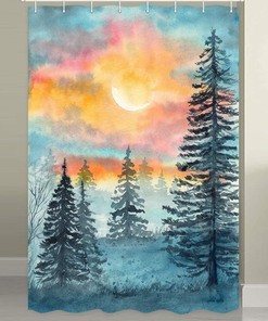 Watercolor Camper RV Shower Curtain for Travel Trailers with Blue and Grey Woodland Tree Design