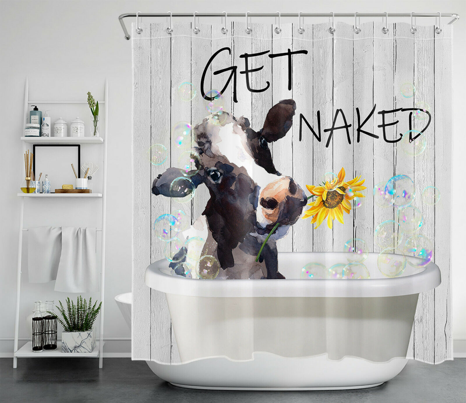Watercolor Cow And Sunflowers Print Shower Curtain For Artistic Bathroom Decor