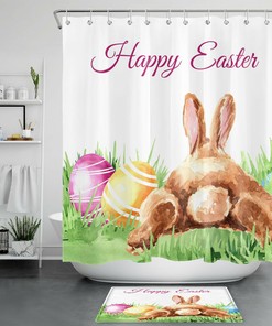 Watercolor Cute Bunny Eggs Shower Curtain For Easter Bathroom Accessories