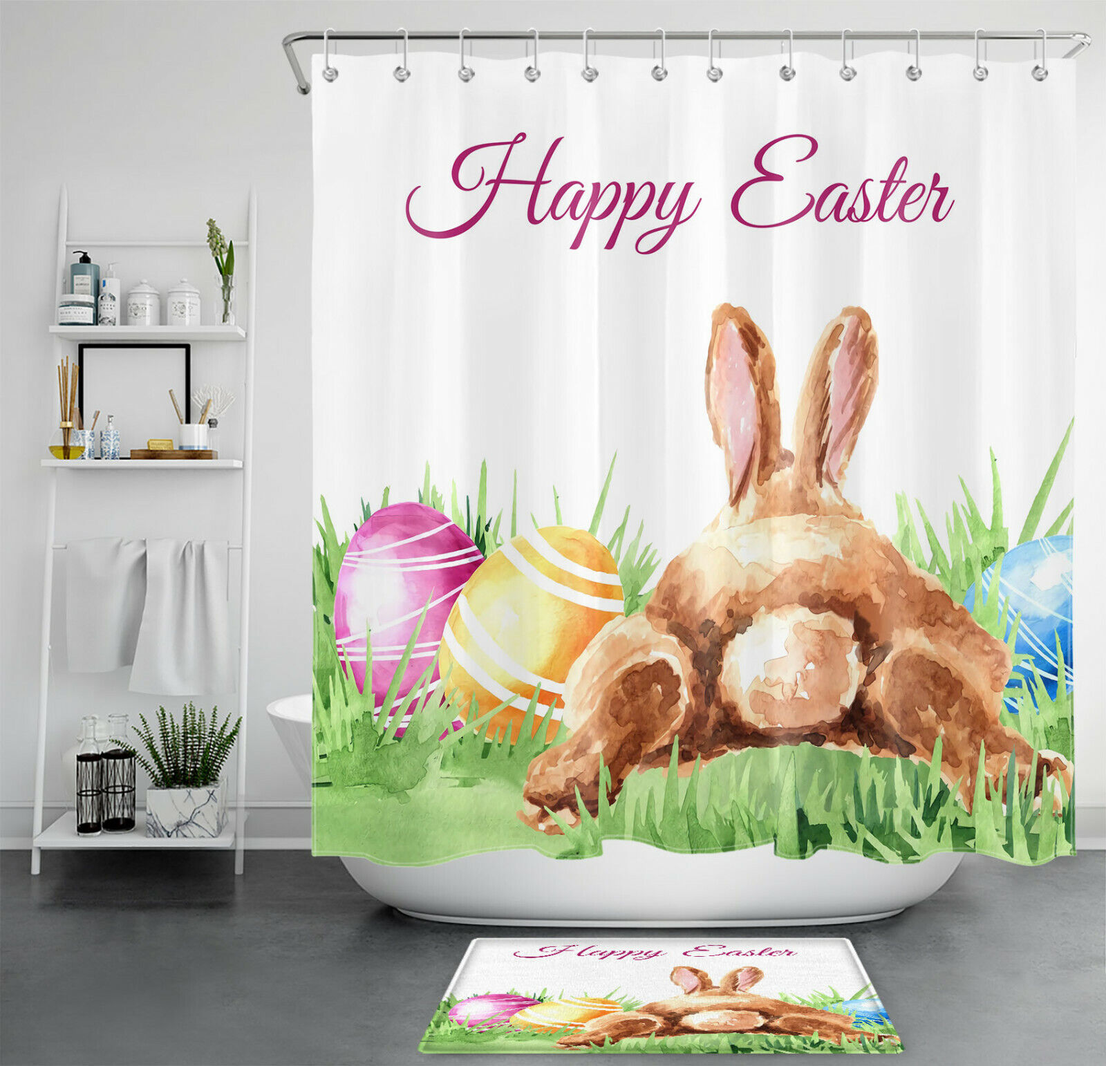 Watercolor Cute Bunny Eggs Shower Curtain For Easter Bathroom Accessories