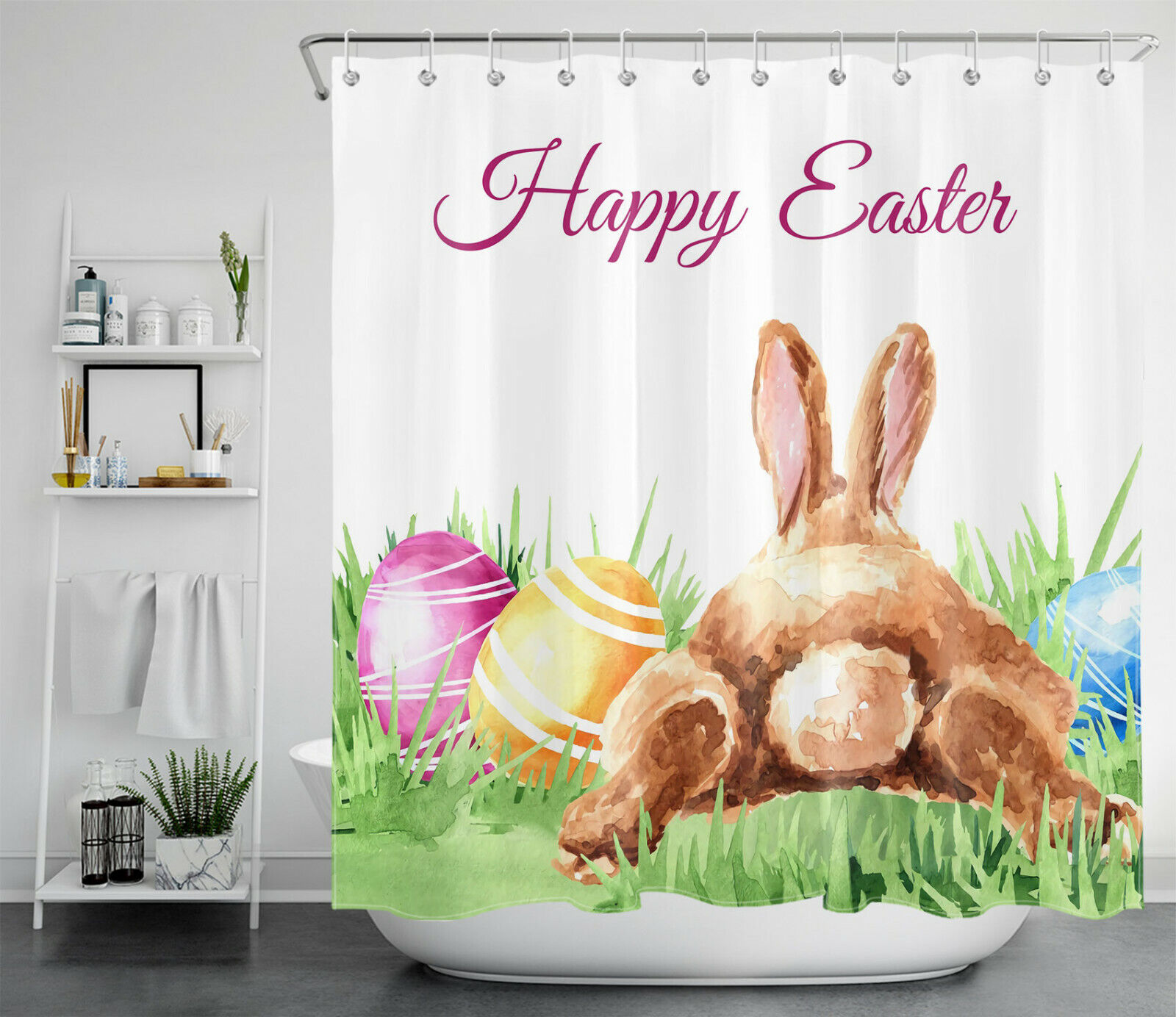 Watercolor Cute Bunny Eggs Shower Curtain For Easter Bathroom Accessories
