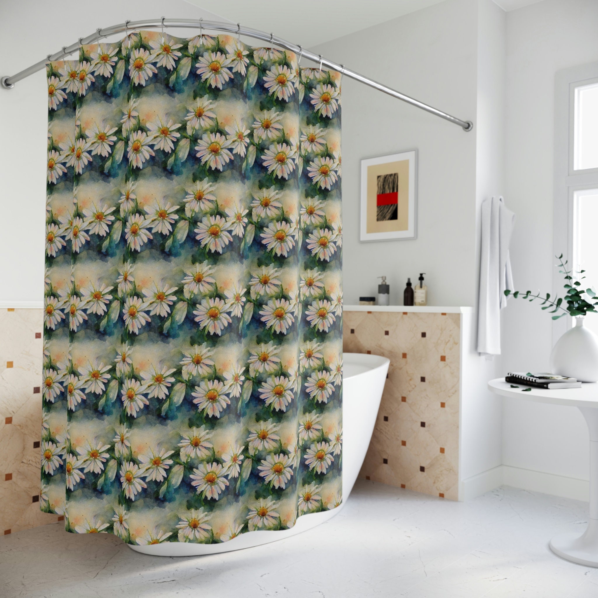Watercolor Daisy Shower Curtain - Classy Botanical Bathroom Decor, Elegant Spring & Summer Home Decor