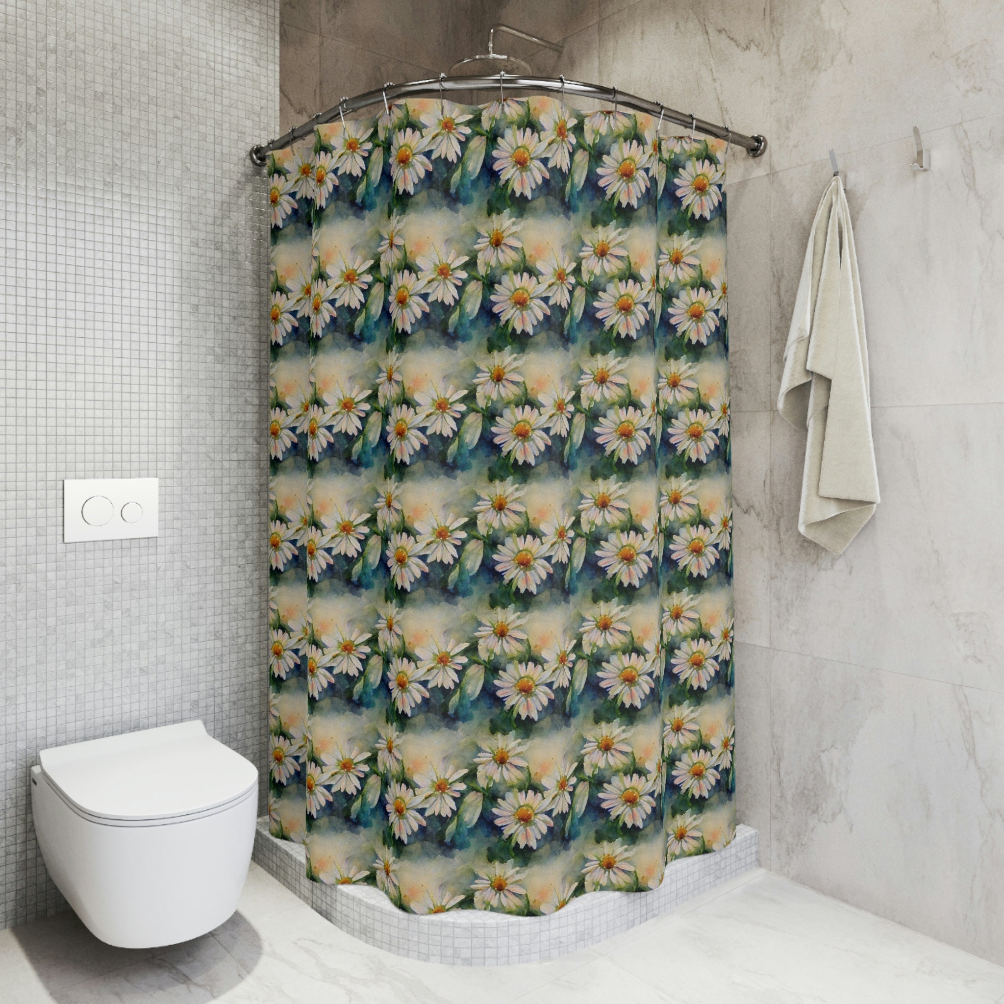 Watercolor Daisy Shower Curtain - Classy Botanical Bathroom Decor, Elegant Spring & Summer Home Decor