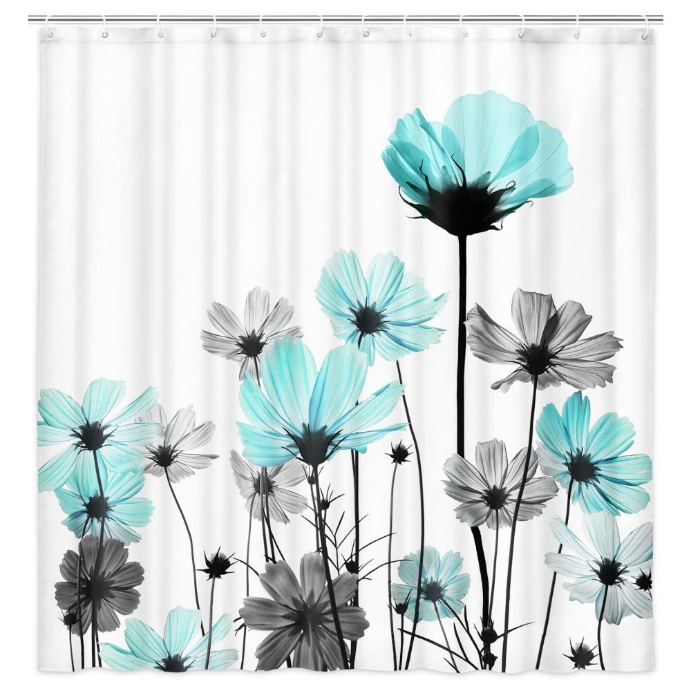 Watercolor Daisys Green Floral Shower Curtain, Fabric Bathroom Decor With Botanical Print