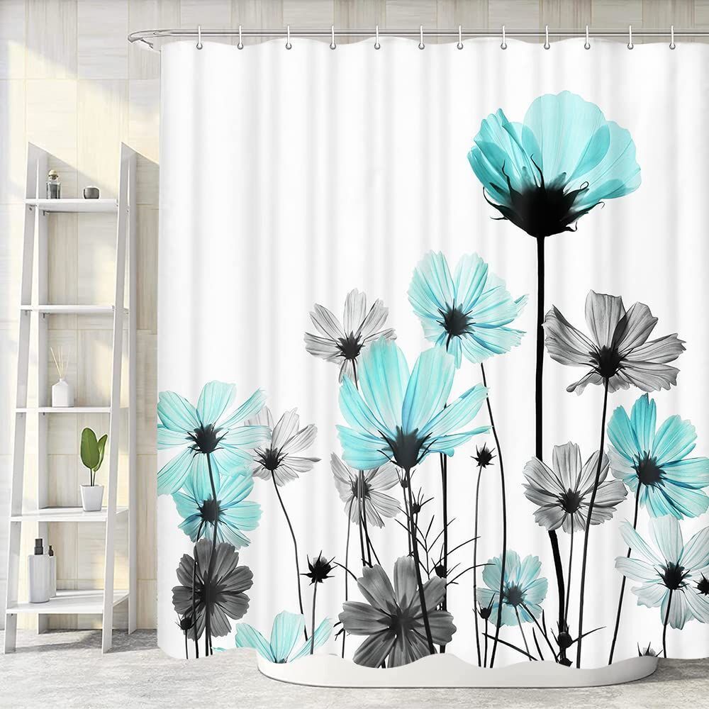 Watercolor Daisys Green Floral Shower Curtain, Fabric Bathroom Decor With Botanical Print