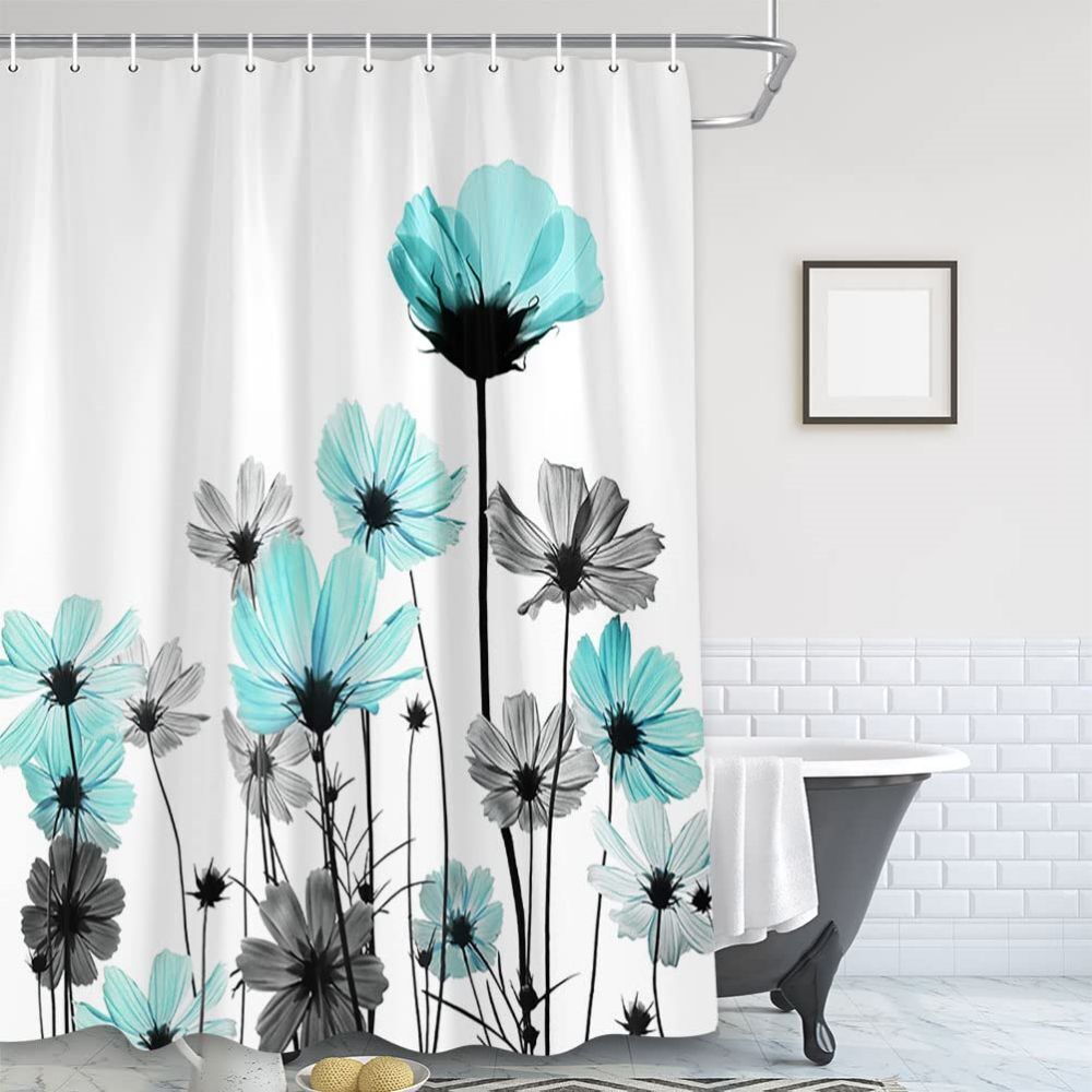 Watercolor Daisys Green Floral Shower Curtain, Fabric Bathroom Decor With Botanical Print