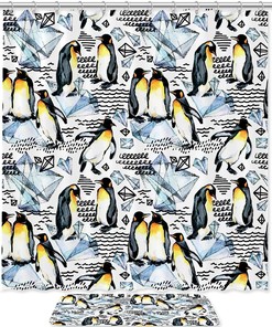 Watercolor Diamond Pattern Penguin Shower Curtain, Cute Bathroom Decor