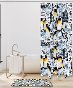 Watercolor Diamond Pattern Penguin Shower Curtain, Cute Bathroom Decor