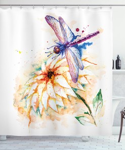 Watercolor Dragonfly Shower Curtain with Lily Flower Print, a Stylish Bathroom Addition
